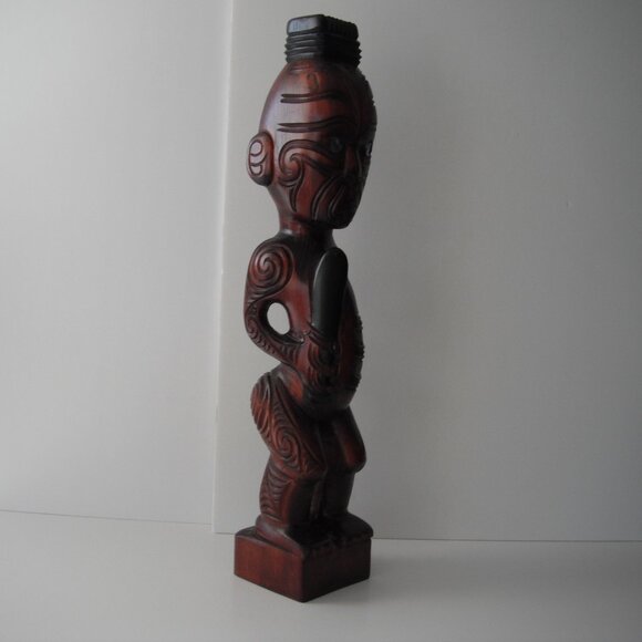 Vintage New Zealand Maori 19" Hand Carved Wood Teko Tiki Totem Statue Shell Eyes - Picture 6 of 8